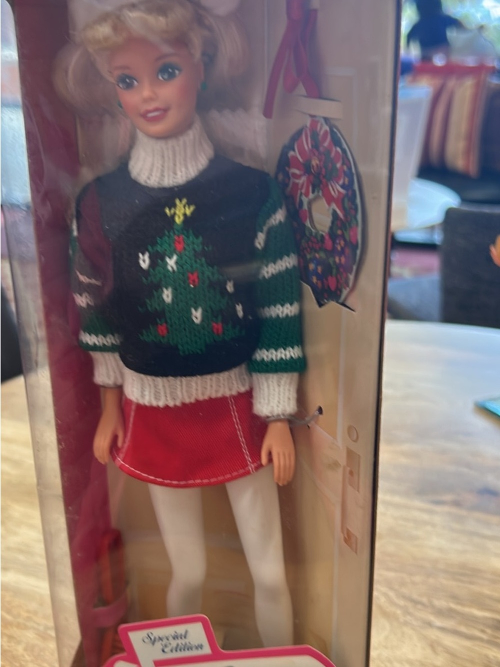Barbie Green, White & Red Knit Cowl Sweater with Tree Motif